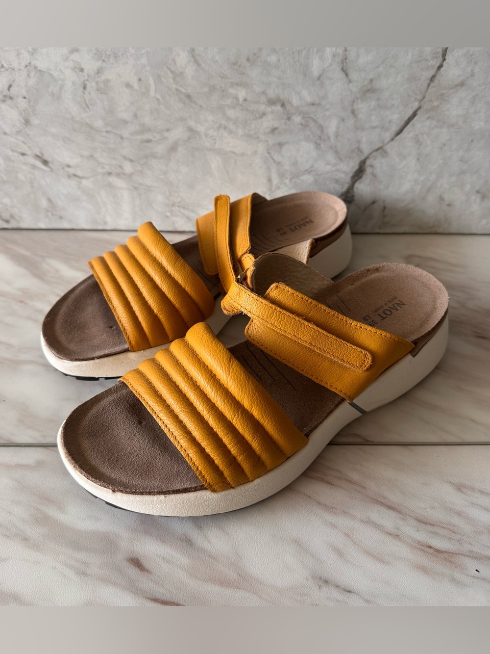 NAOT Leather Platform Sandals Women’s EU 39 Mustard Yellow Adjustable Slides
